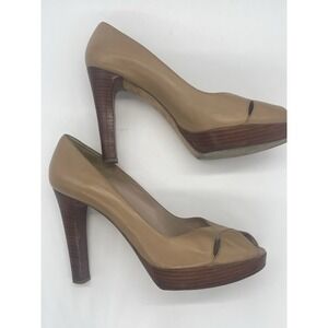 Stuart Weitzman Open Toe Beige Leather Platform Pumps Heels Shoes Sz 9.5 Party